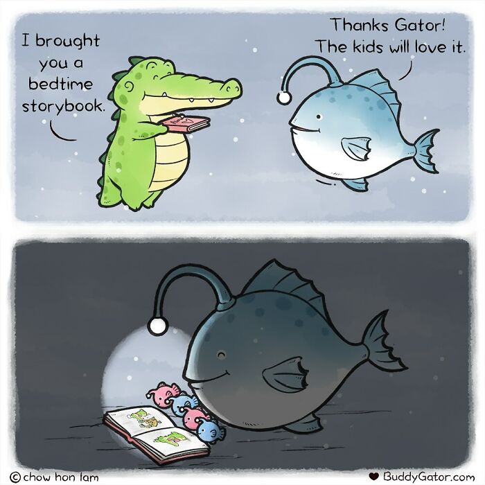 Wholesome comics of an alligator reading a bedtime storybook to a friendly anglerfish and its small fish.