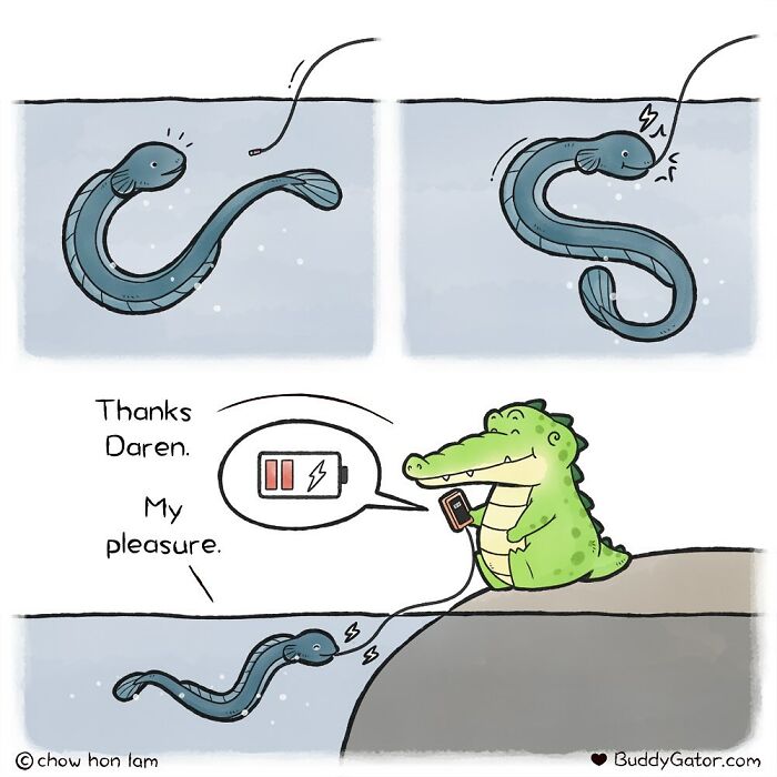 Wholesome comics: an alligator charging his phone using an electric eel friend for power.