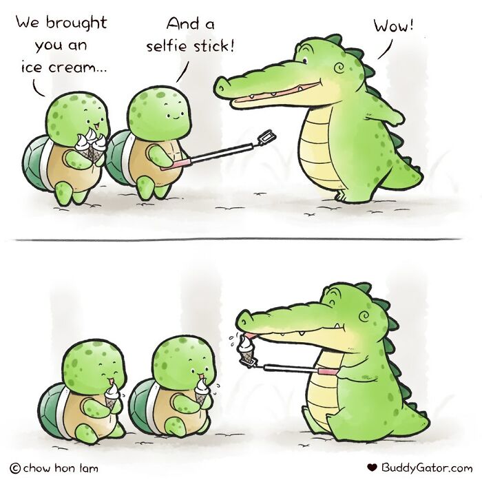 Wholesome comics featuring an alligator with friends, sharing ice cream and a selfie stick.