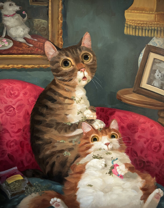 Adorable cat paintings showing two cats surprised on a red sofa