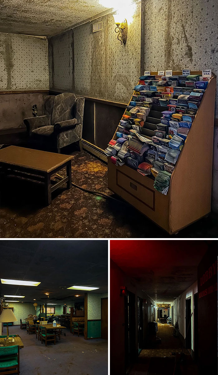 Forgotten place with shelves of old DVDs and cluttered room in urban exploration