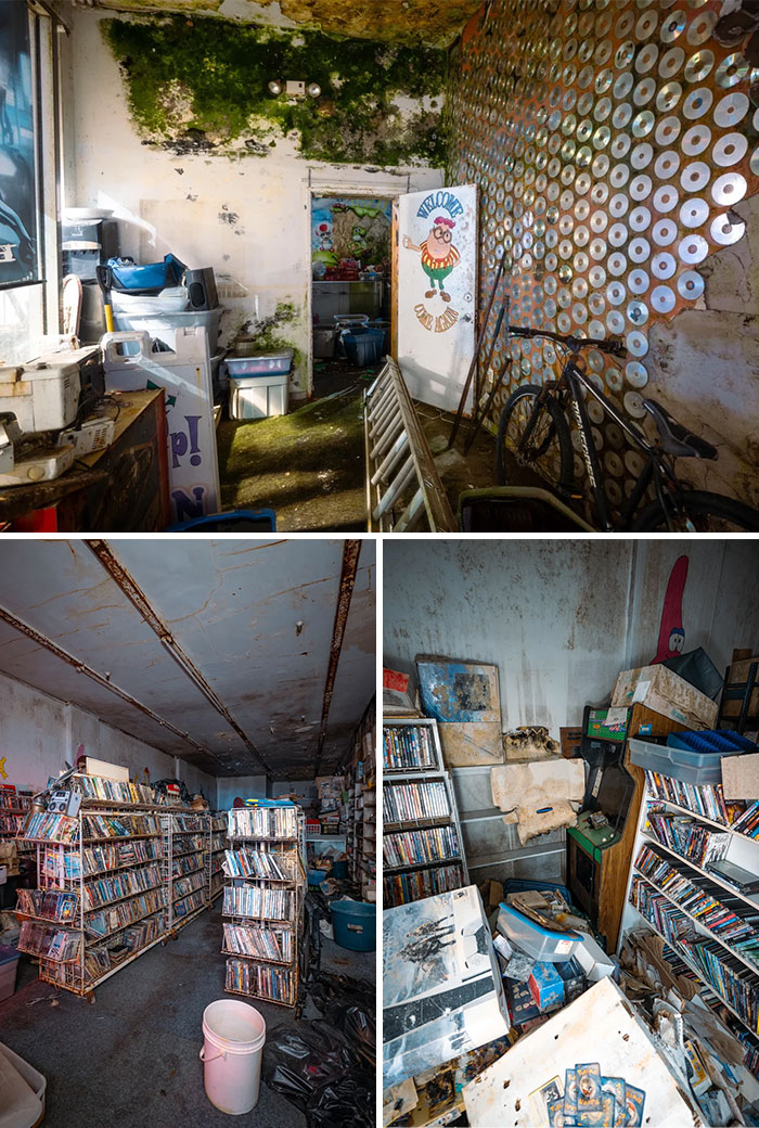 Urban exploration of an abandoned room with moss and CD-covered wall