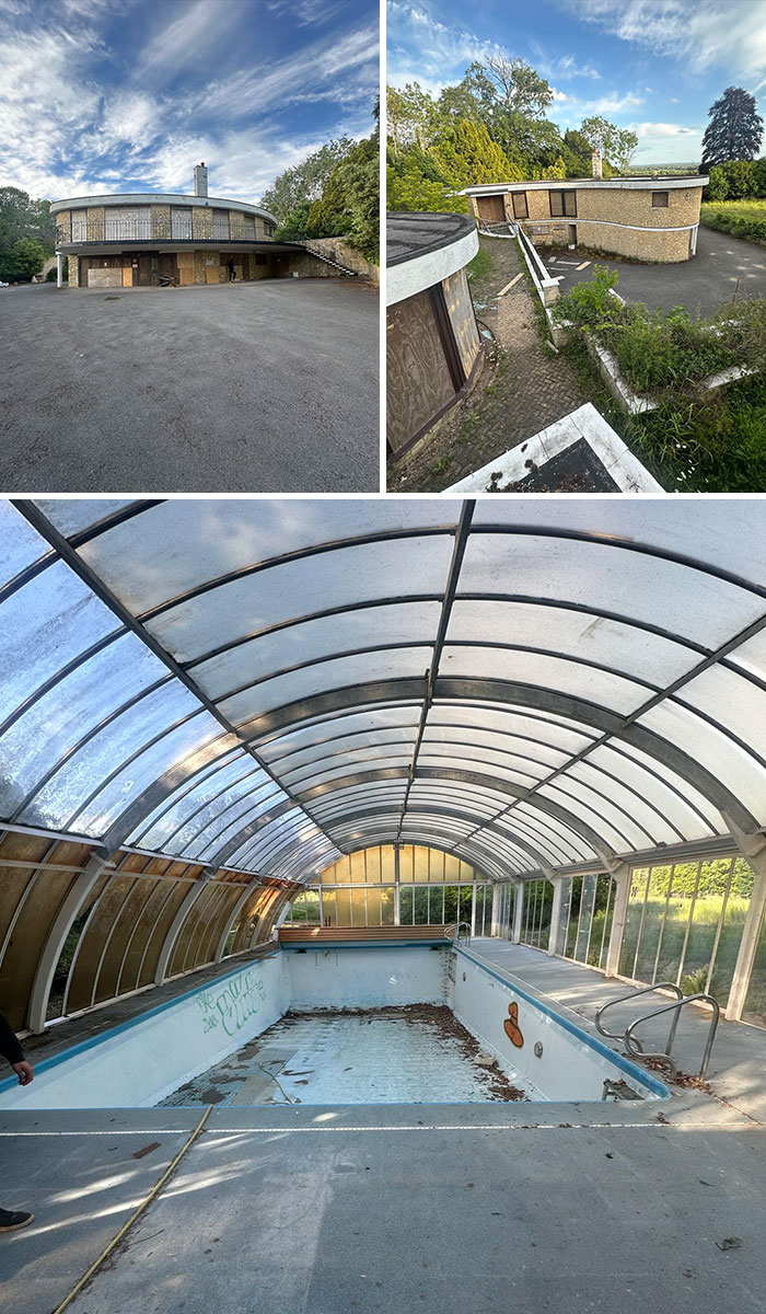 Abandoned circular building and pool area in overgrown urban exploration site