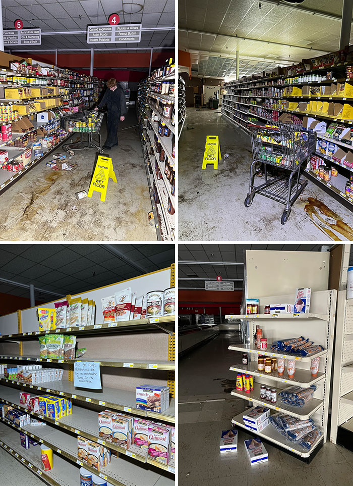 Abandoned grocery store shelves and shopping carts in urban exploration