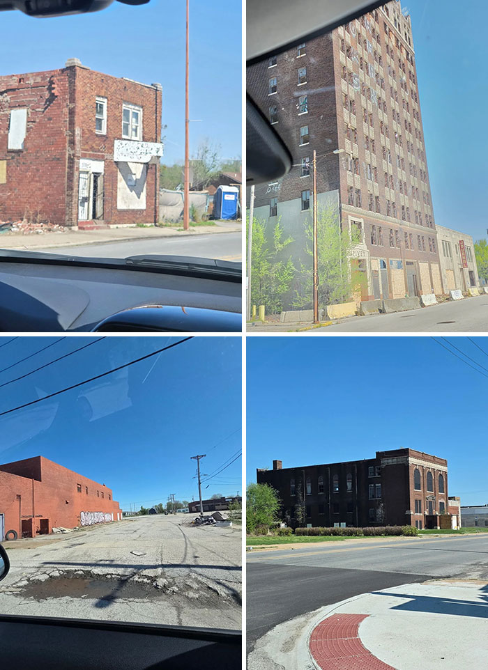 Dilapidated urban buildings and cracked streets from urban exploration