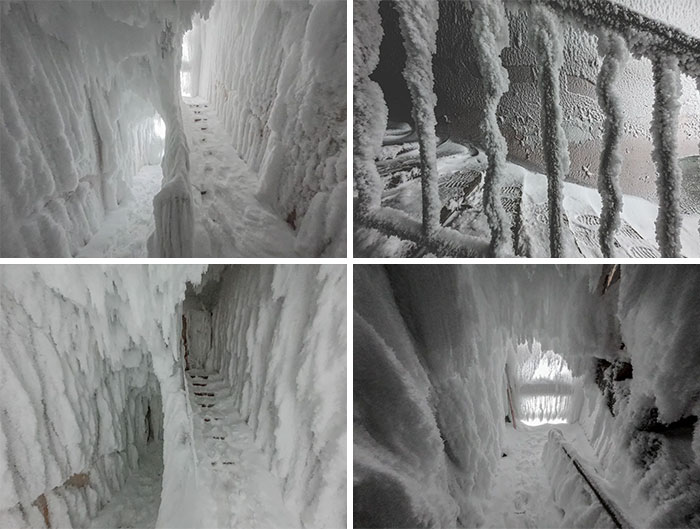 Frozen icy interior of an abandoned site covered in snow and ice