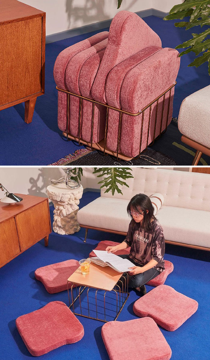Pink cushions and low table setup showcasing unique interior design ideas
