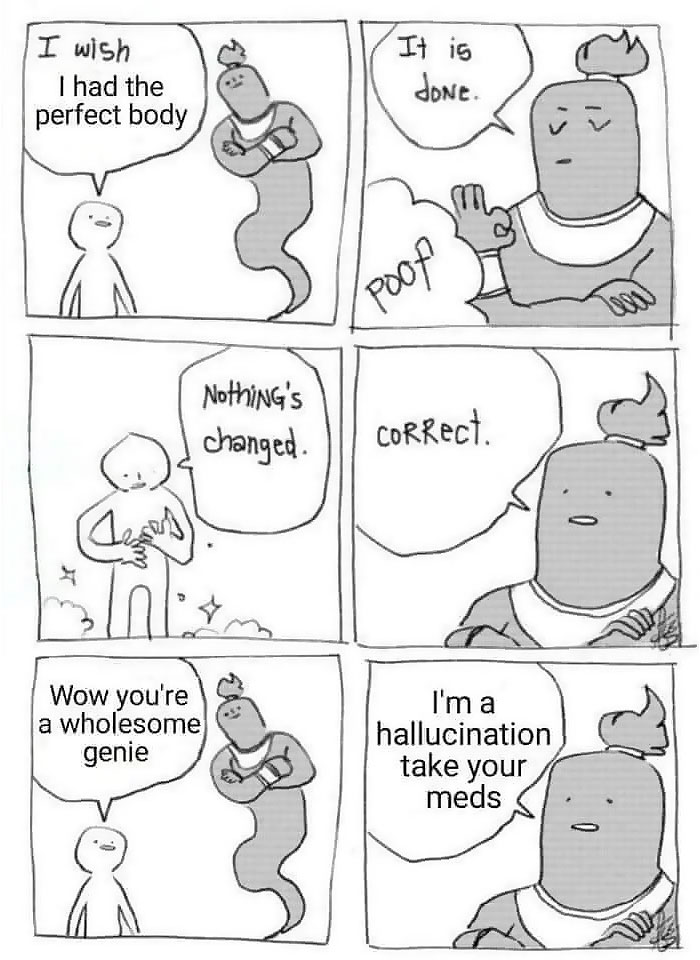Comic meme about wishing perfect body and genie revealing nothing changed