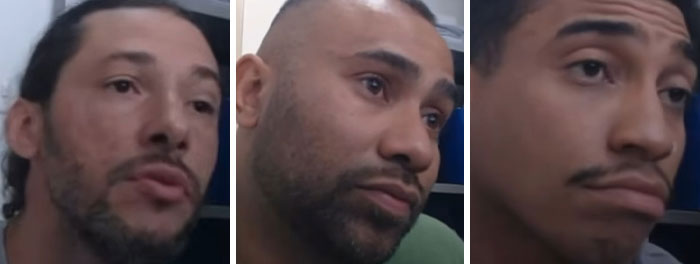Three men arrested for their involvement in the rope jumping tragedy, looking somber in separate close-up shots. Three men arrested for their involvement in the rope jumping tragedy, looking somber in separate close-up shots.