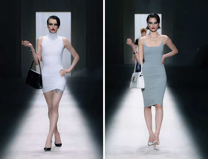 Gen Z fashion trend: Two models on a runway in form-fitting dresses, highlighting the resurrected fashion trend.