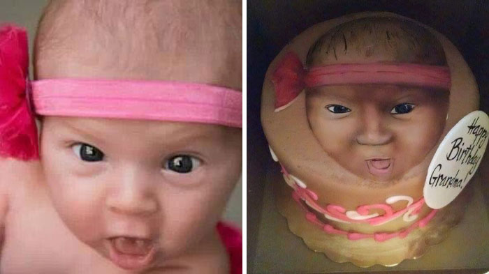Hilariously messed up cakes: A baby photo next to a cake with the baby's face on it, reading Happy Birthday Grandma!