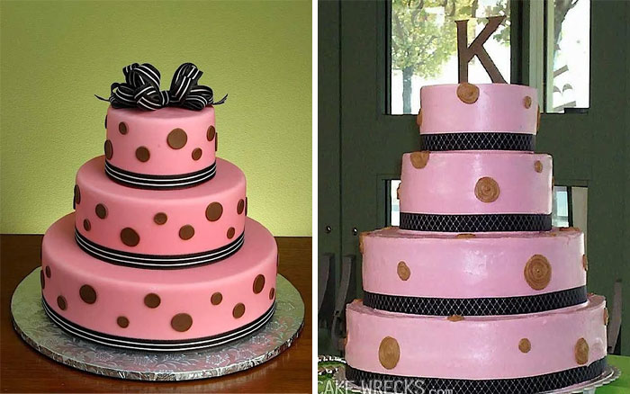 A hilariously messed up cake featuring two tiered pink cakes with brown polka dots and black ribbon, one with a bow and the other with a K.