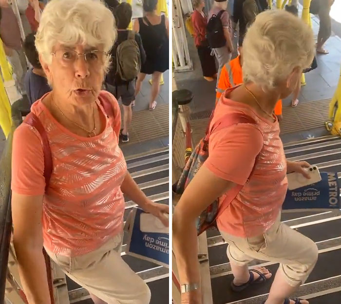 Elderly woman on public staircase, looking upset as a male Karen refuses to move, filming her.