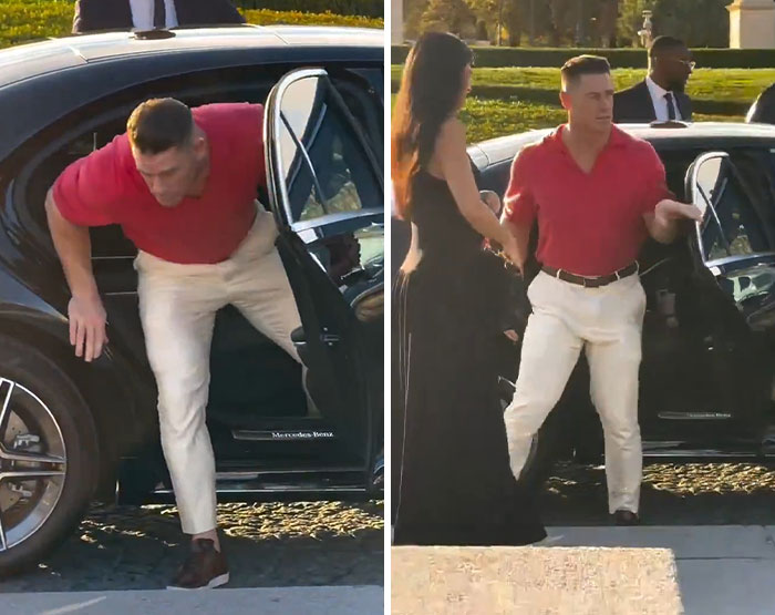 John Cena exiting a car, showing trouble walking, sparking speculation about a potential hair transplant.