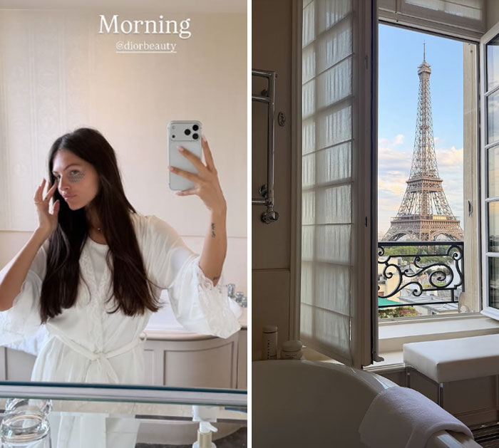 Thylane Blondeau, Most Beautiful Girl in the World, posing in a mirror selfie with the Eiffel Tower in background.