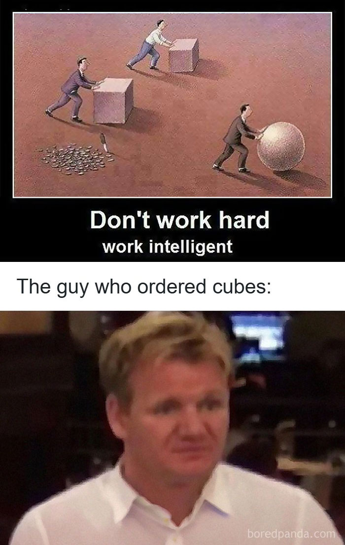 Meme showing difference between working hard and working intelligently with cubes and a sphere