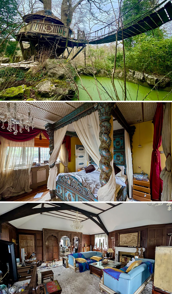 Treehouse with rope bridge over green pond in forgotten urban exploration location