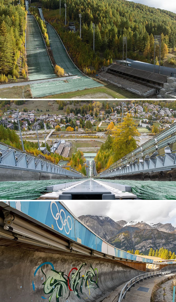 Derelict Olympic ski jump and bobsled track in urban exploration site