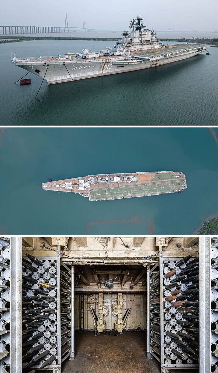 Abandoned aircraft carrier docked in water for urban exploration