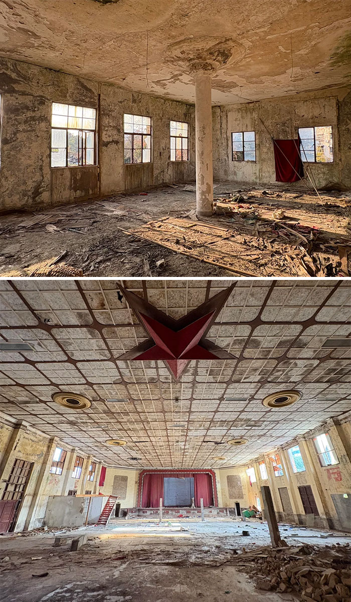 Dilapidated ruins with peeling paint and urban exploration theater auditorium
