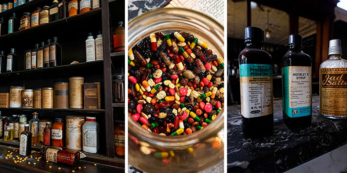 Old jars, pills, and medicines in a neglected shelf and countertop from forgotten places