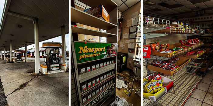 Forgotten gas station and convenience store shelves packed with old snacks and cigarettes