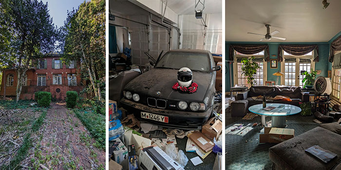 Overgrown abandoned house exterior and vintage car covered in dust in urban exploration