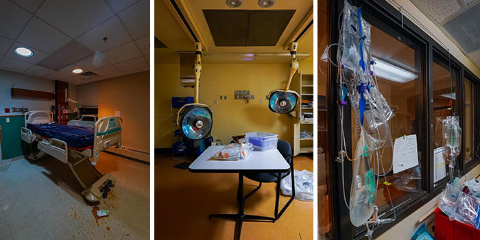 Abandoned urban exploration site with dark medical room and hospital equipment