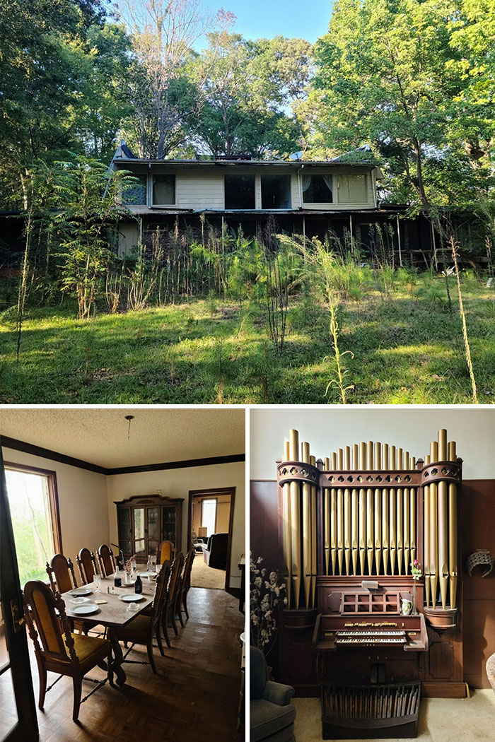 Old abandoned house in forest with vintage dining room and pipe organ interior urban exploration
