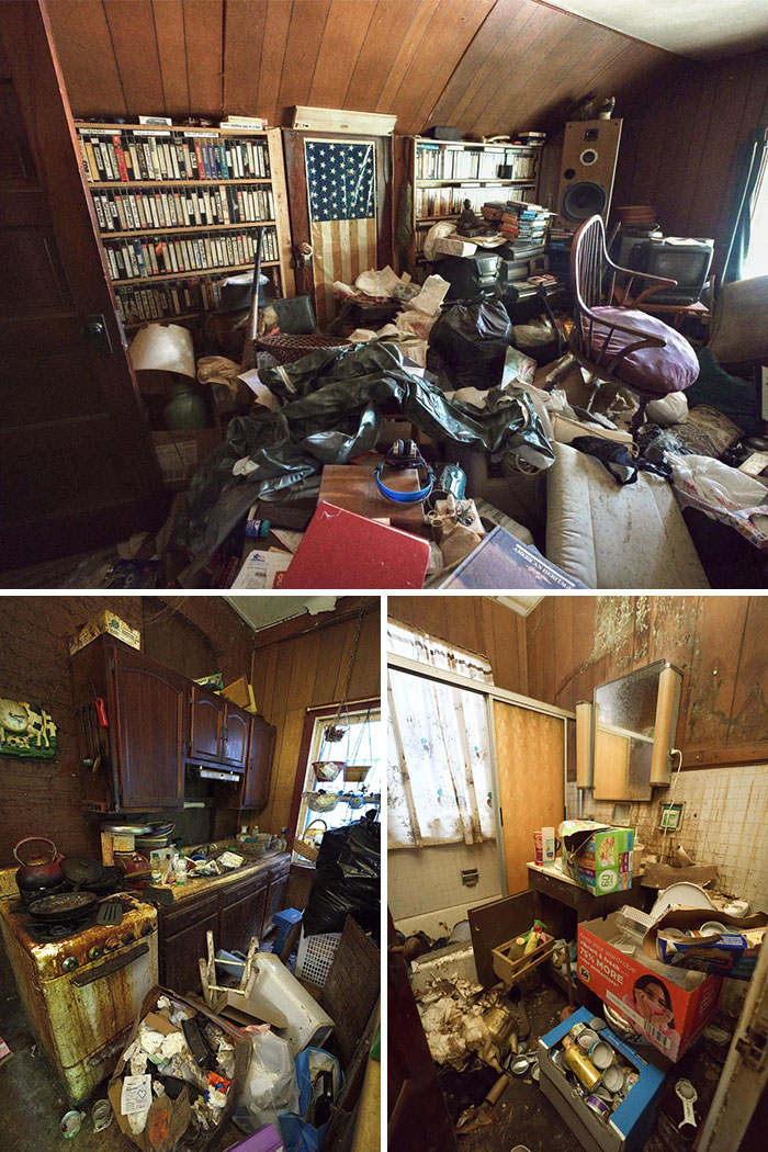 Cluttered and dusty rooms filled with old furniture and scattered items in an abandoned home