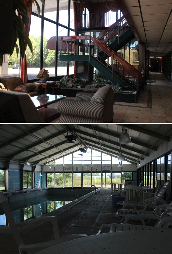 Empty indoor pool and lounge area in abandoned urban exploration building