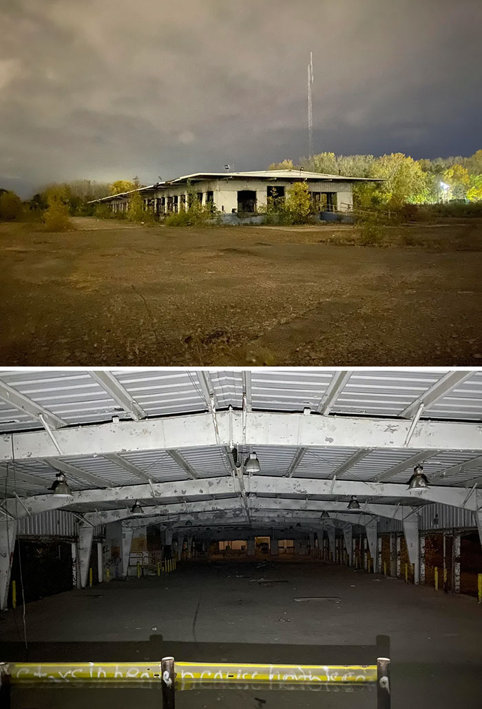 Exterior of abandoned building at night, a favorite forgotten place for urban exploration