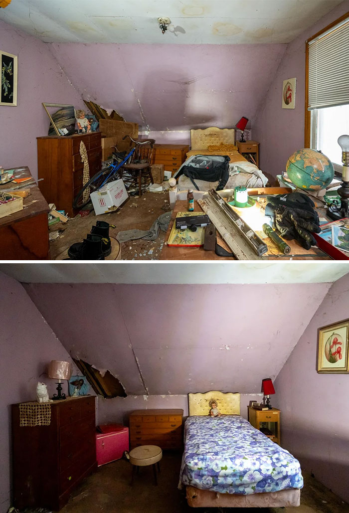Cluttered and restored vintage bedroom in an abandoned house