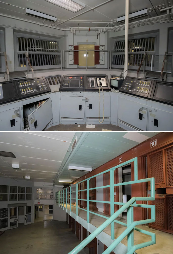 Interior control room and prison cells in an abandoned correctional facility
