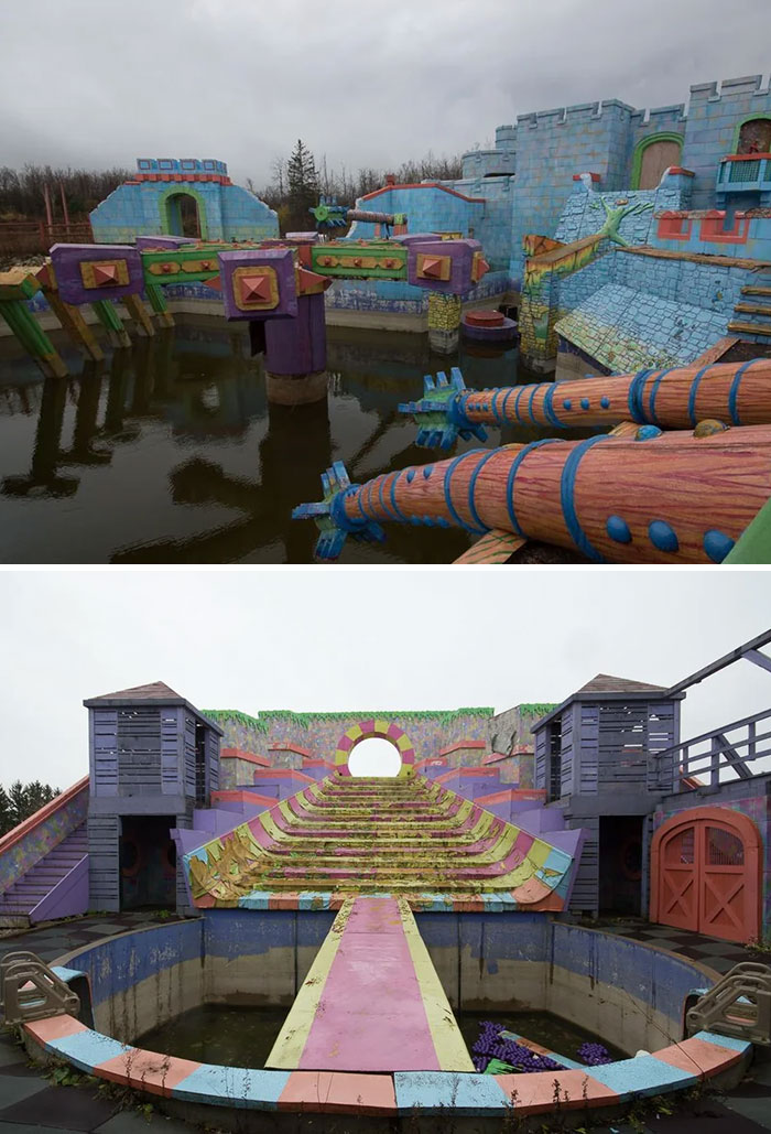 Colorful abandoned water park with unique structures and faded paint from urban exploration