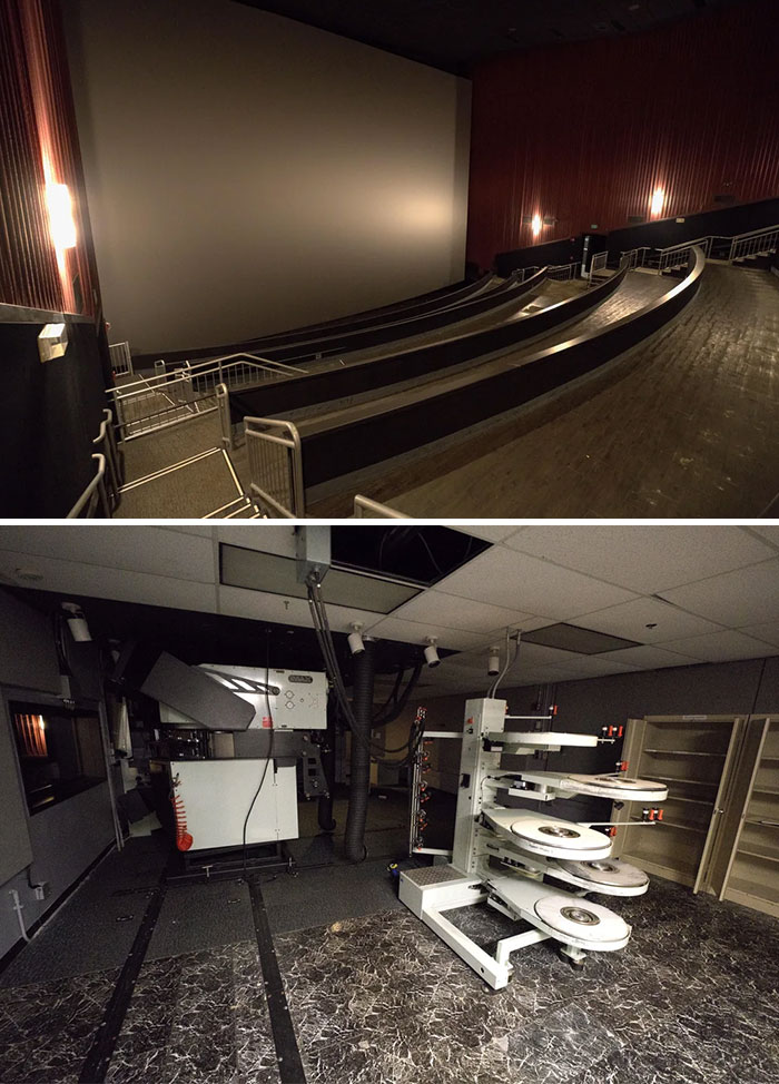 Urban exploration inside abandoned movie theater seating and projector room
