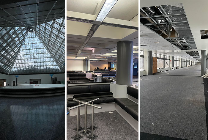Interior views of an abandoned building with damaged ceilings and empty spaces