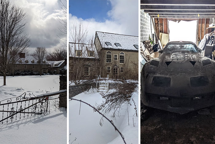 Snow-covered abandoned house and dusty classic car in urban exploration