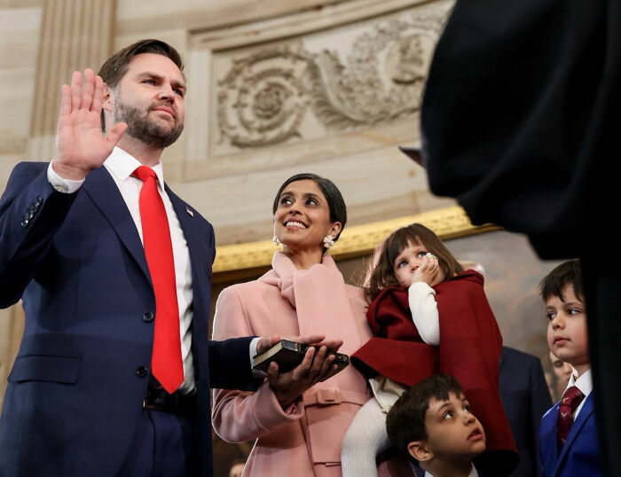 JD Vance taking an oath, with wife Usha and children by his side, amidst discussions about his marriage. JD Vance taking an oath, with wife Usha and children by his side, amidst discussions about his marriage.