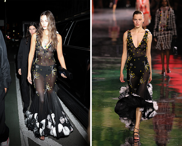 Bella Hadid in a black sheer runway outfit on the left, next to the original runway outfit on the right.