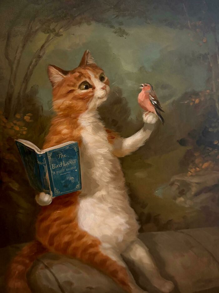 Cute animal painting of an orange and white cat holding a bird and a bird-watching book by Alison Friend