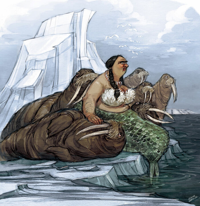A funny illustration of a mermaid with walruses by an iceberg, showing mythical creatures living their best lives.