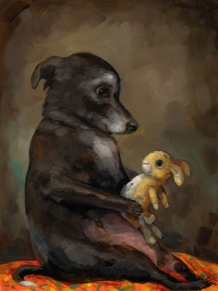 Funny animal painting of black dog holding a small stuffed bunny