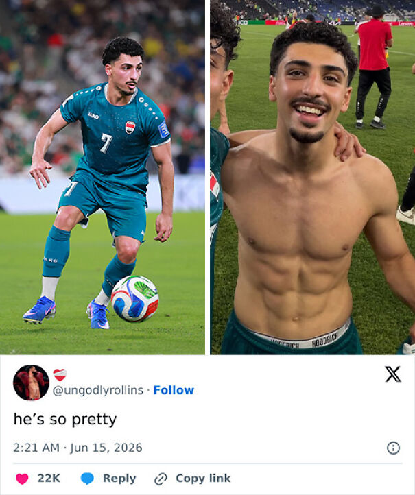 Attractive World Cup 2026 player in action and shirtless smiling on field