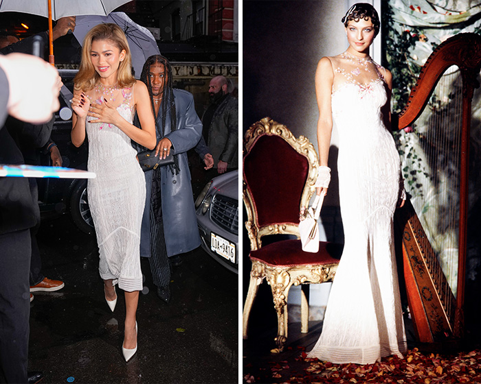 Zendaya wearing a white runway outfit on the left, next to the original runway outfit on the right.