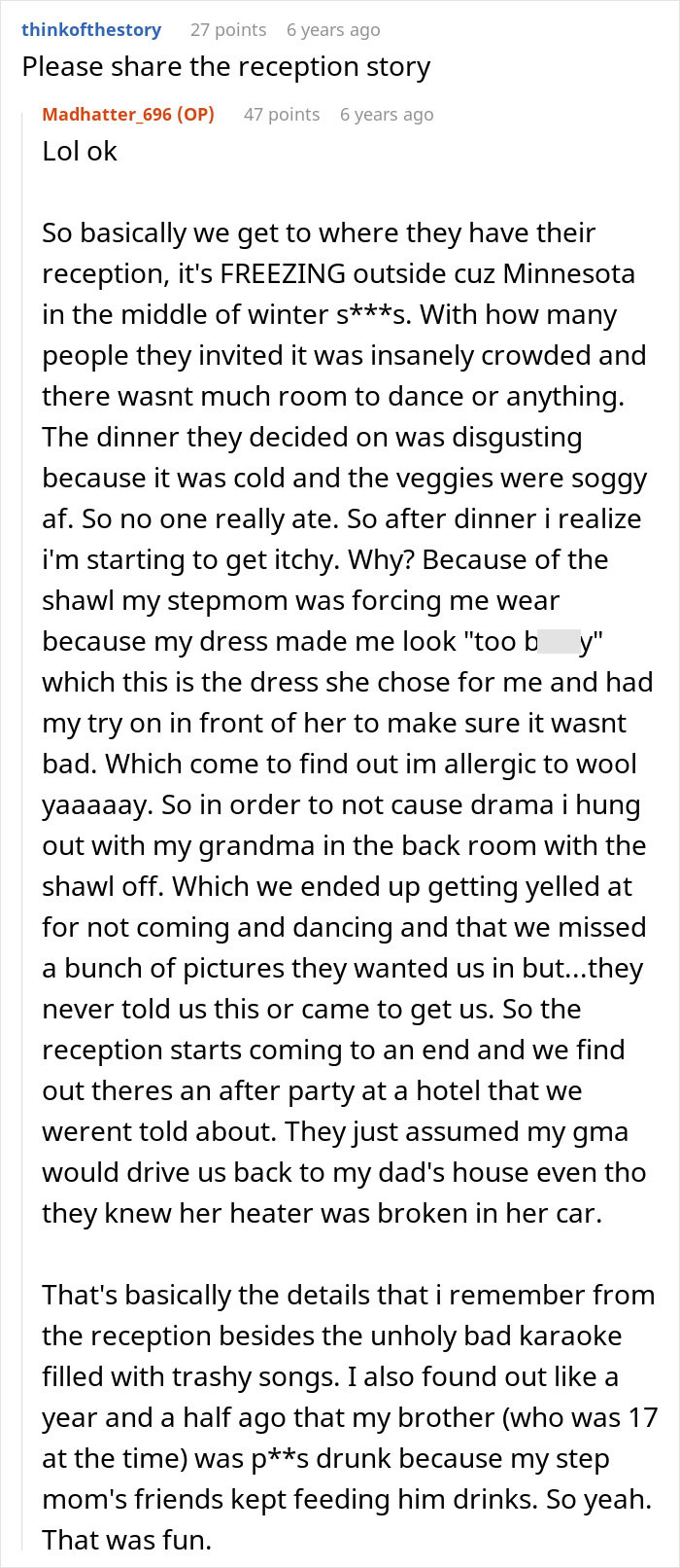 A Reddit comment detailing a wedding reception, relevant to a bride inviting ex-stepmom to her wedding.