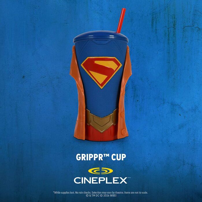 Supergirl fans can get this movie souvenir, a Grippr cup with the Supergirl logo and a removable cape.