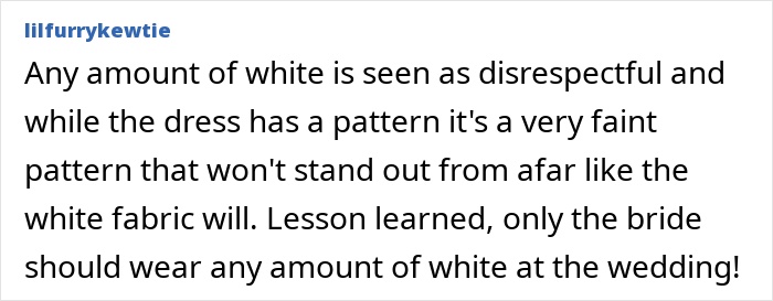 Comment on wedding attire mistake, emphasizing that only the bride should wear white. Comment on wedding attire mistake, emphasizing that only the bride should wear white.
