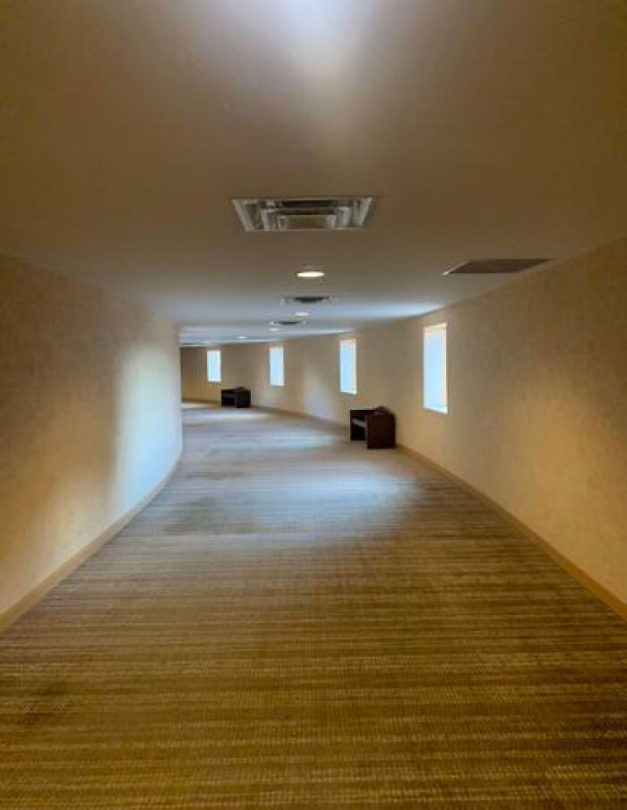A long, empty, curving hallway with several windows and benches, creating a haunting liminal space.