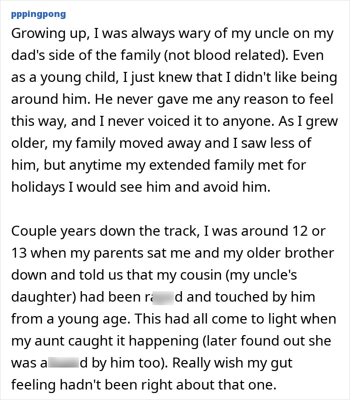 A screenshot showing a gut-feelings story where someone realizes their intuition about an uncle was tragically accurate.